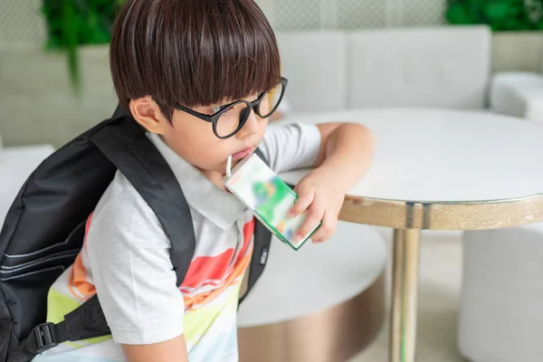 Aziatisch Jongen Ontbijten Voor Naar School — Stockfoto