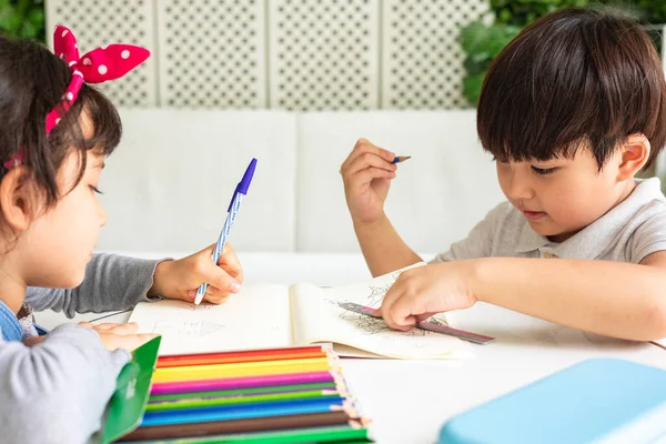 Asiatico Ragazzo Ragazza Sedersi Alla Scrivania Studio Line Laptop Intelligente — Foto Stock