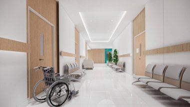 3D tasarım. İç hastane modern tasarımı. Tezgah ve Bekleme Alanı Boş Resepsiyon Koridoru. Tıbbi uygulama kavramı..