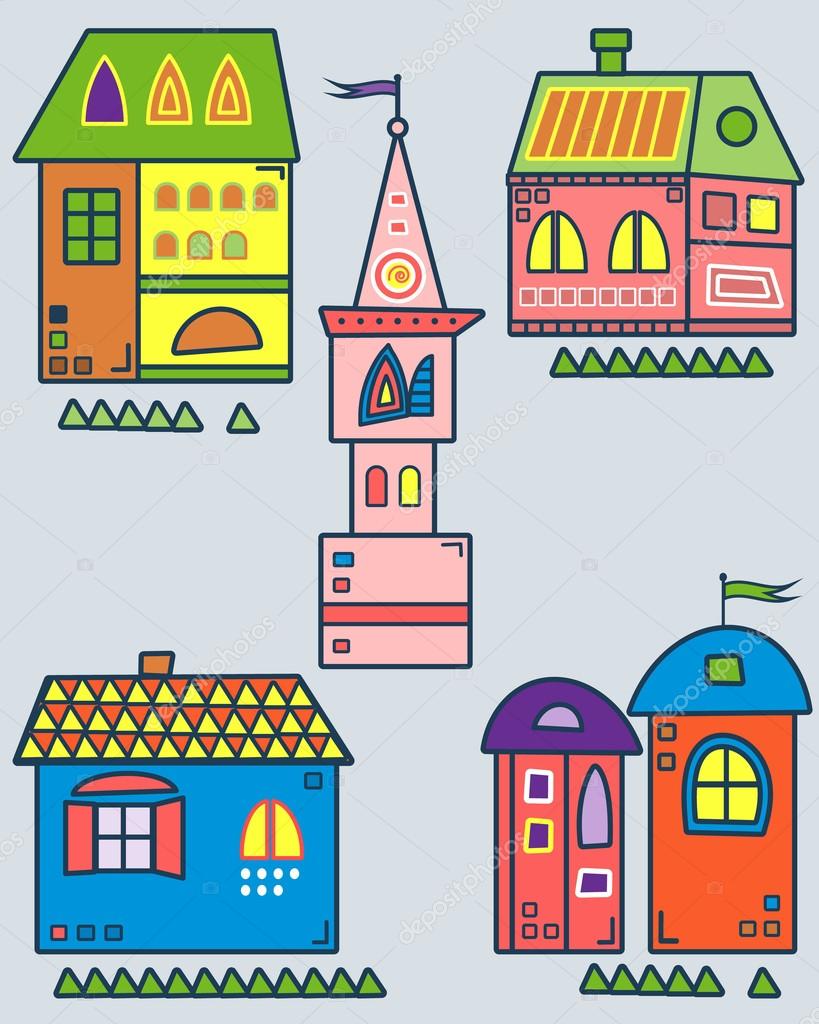 Insieme delle case stilizzate Sei fantastica lodges immagini favolose per i bambini Illustrazione di vettore Pu² essere utilizzato per siti Web