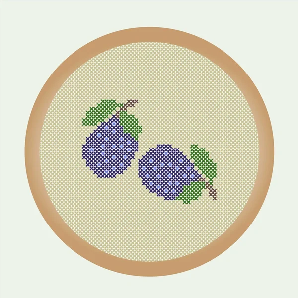 Dos ciruelas bordadas de una serie de frutos bordados — Vector de stock