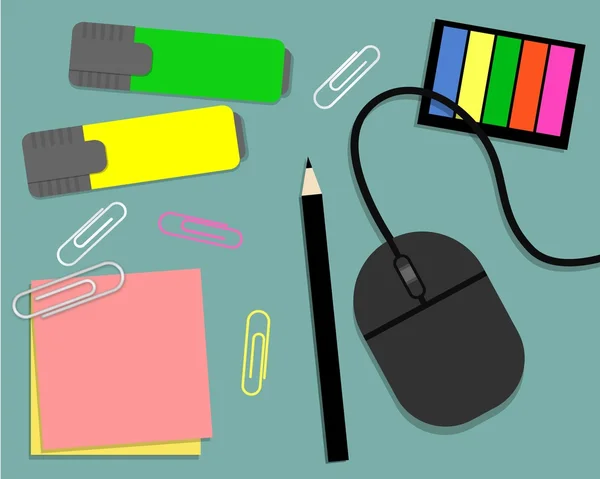 Канцелярские принадлежности: маркеры, наклейки, карандаш и компьютерная мышь — стоковый вектор