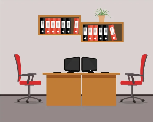 Lugar de trabajo para dos trabajadores de oficina en colores rojos — Vector de stock