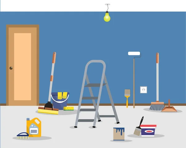 Perbaikan kamar di rumah. Membersihkan di apartemen setelah dinding melukis - Stok Vektor
