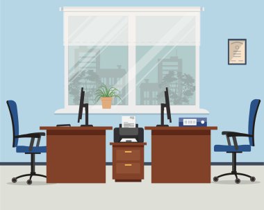 İş yeri mavi renkte iki Ofis çalışanları için