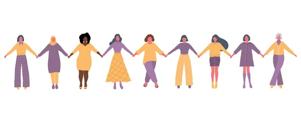 Frauen Halten Händchen Internationaler Frauentag Frauengemeinschaft Weibliche Solidarität Frauensilhouetten Verschiedener — Stockvektor