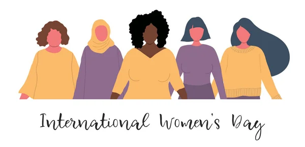 Diverse Groepen Vrouwen Staan Achter Elkaar International Women Day Concept — Stockvector