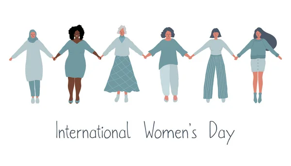 Diverse Groepen Vrouwen Houden Elkaars Hand Vast International Women Day — Stockvector