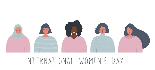 International Women Day Concept Vrouwengemeenschap Zijn Vrouwen Van Verschillende Rassen — Stockvector
