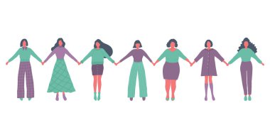 Kadınlar el ele tutuşuyor. Uluslararası Kadınlar Günü konsepti. Kadın topluluğu. Kadın dayanışması. Vektör illüstrasyonu