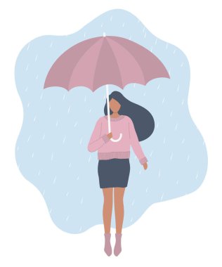 Yağmurlu bir günde pembe kazaklı bir kız şemsiye tutuyor. Yağmurun altında yürüyorum. Düz funky biçiminde vektör illüstrasyonu