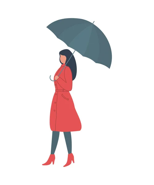 Mujer Joven Con Abrigo Rojo Sosteniendo Paraguas Caminando Bajo Lluvia — Vector de stock