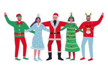 Noel partisi. Gençler Noel kostümü giyiyor. En iyi arkadaşlar bir arada durup sarılırlar. Noel Baba, Noel ağacı, Elf, Kar Tanesi ve Geyik var. Vektör illüstrasyonu