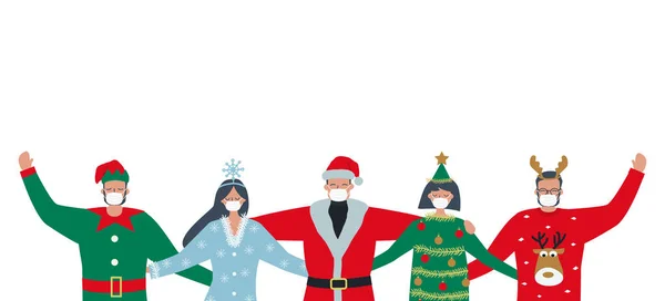Christmas Party Coronavirus Epidemic Young People Medical Masks Wearing Christmas — Stock Vector