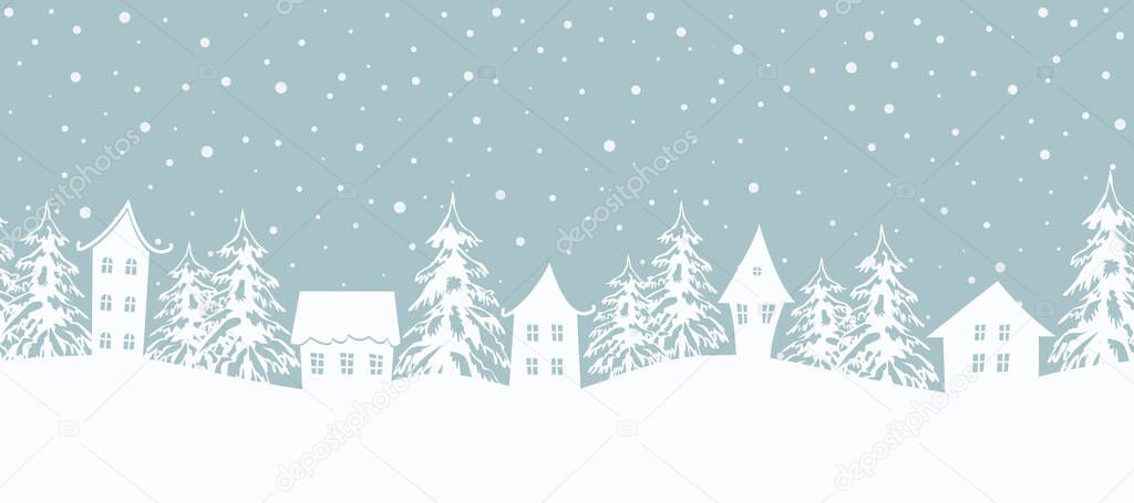 Christmas background. Fairy tale winter landscape. Seamless border. There are white houses and fir trees on a gray blue background. Winter village. Vector illustration.