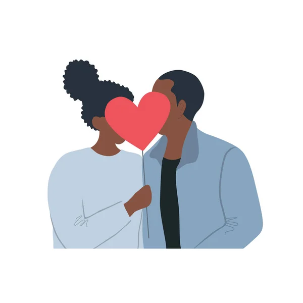 Illustration Saint Valentin Couple Noir Amoureux Embrasse Baiser Romantique Fille — Image vectorielle