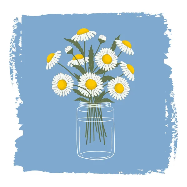 Gänseblümchen Glas Gänseblümchenblümchen Mit Blättern Sommerblumen Florale Komposition Vektor Illustration — Stockvektor