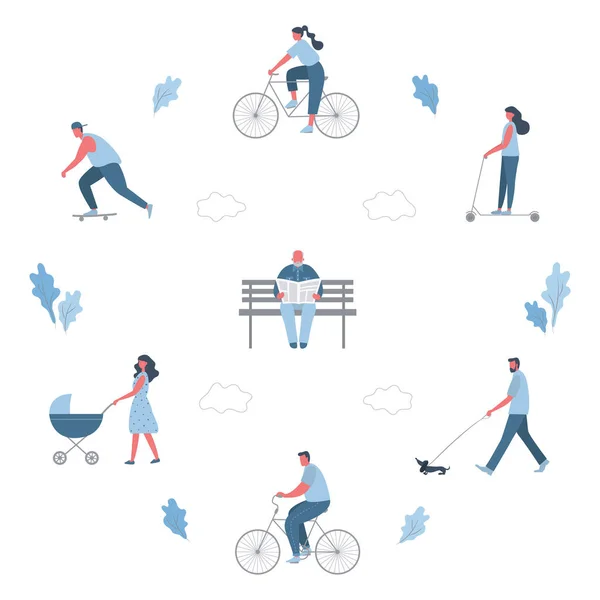 Καλοκαιρινές Δραστηριότητες Στο Πάρκο Άνδρες Και Γυναίκες Αναπαύονται Βόλτα Ποδήλατο — Διανυσματικό Αρχείο