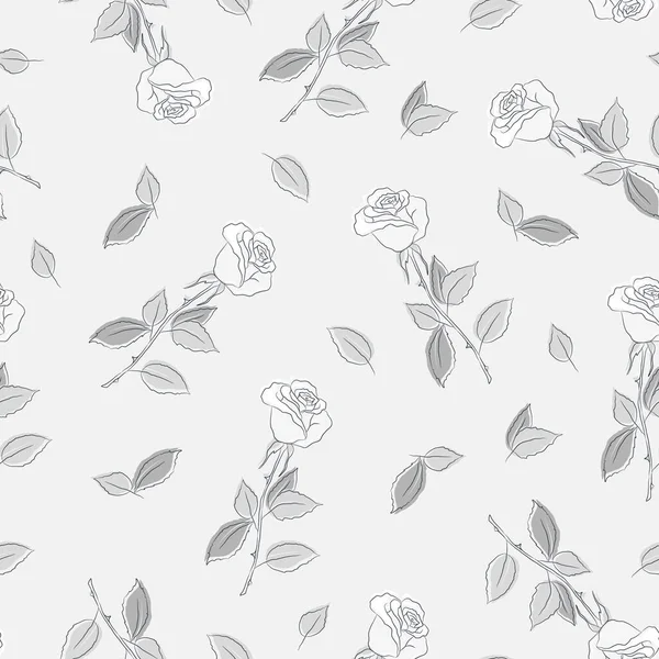 花的背景 白色玫瑰花和灰色叶子的无缝图案 浅灰背景上的矢量图解 — 图库矢量图片