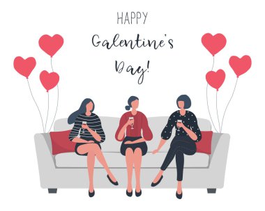 Galentines günü. Pijama partisi. Üç genç kadın kanepede oturuyor ve şarap içiyorlar. Kalp şeklinde balonlar da var. Vektör illüstrasyonu