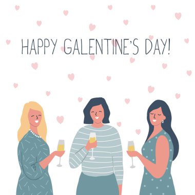 Galentines günü. Üç genç kadın şarap içiyor. Vektör illüstrasyonu