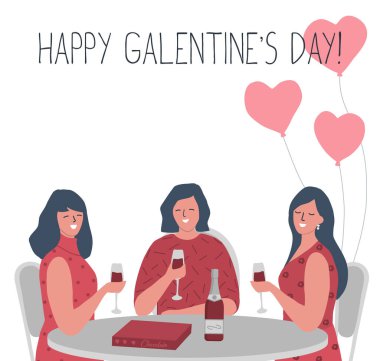 Galentines günü. Üç genç kadın masada oturuyor ve şarap içiyorlar. Ayrıca masada bir şişe şarap ve bir kutu çikolata da var. Vektör illüstrasyonu