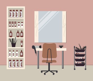 Kakao renkli kuaför salonu. İç mekan. Kuaför 'ün işyeri. Görüntüde bir masa, bir sandalye, ayna, saç kurutma makinesi ve diğer aksesuarlar var. Vektör illüstrasyonu