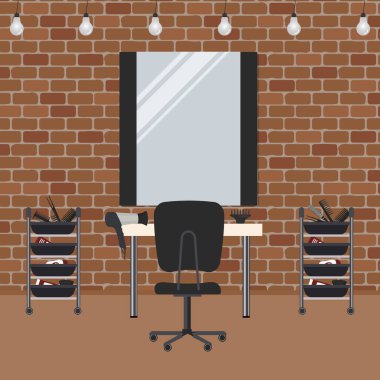 Tuğla duvarlı kuaför salonu. Berber dükkanı. Kuaför 'ün işyeri. Görüntüde bir masa, sandalye, ayna, saç kurutma makinesi var. Vektör illüstrasyonu