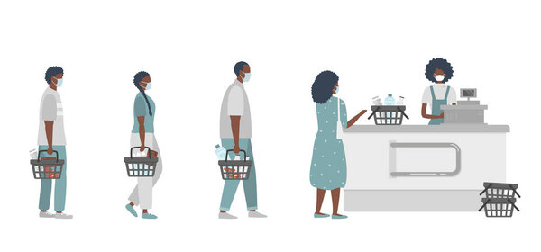 Supermarket during the coronavirus epidemic. Supermarket cashier in medical mask. Buyers wearing antivirus masks keep their distance in line to stay safe. Black people have food baskets in their hands