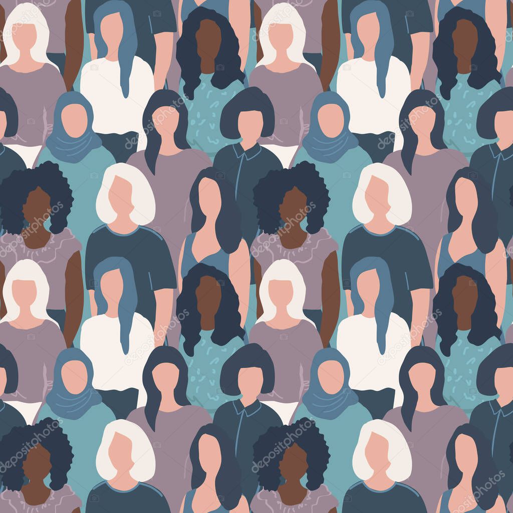 Seamless background with women. There are silhouettes of women of different races. Pattern with people icons. Vector illustration
