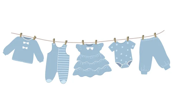 Bebek Kıyafetleri Çamaşır Ipine Asılı Çamaşır Mandalları Yıkadıktan Sonra Her — Stok Vektör