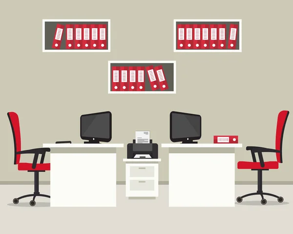 Kancelář Pracoviště Kancelářských Pracovníků Béžovém Pozadí Dispozici Jsou Dva Stoly — Stockový vektor
