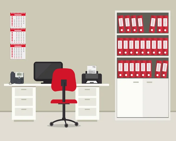 Kantoorruimte Een Beige Rode Kleur Werkplaats Voor Kantoorpersoneel Met Meubilair — Stockvector