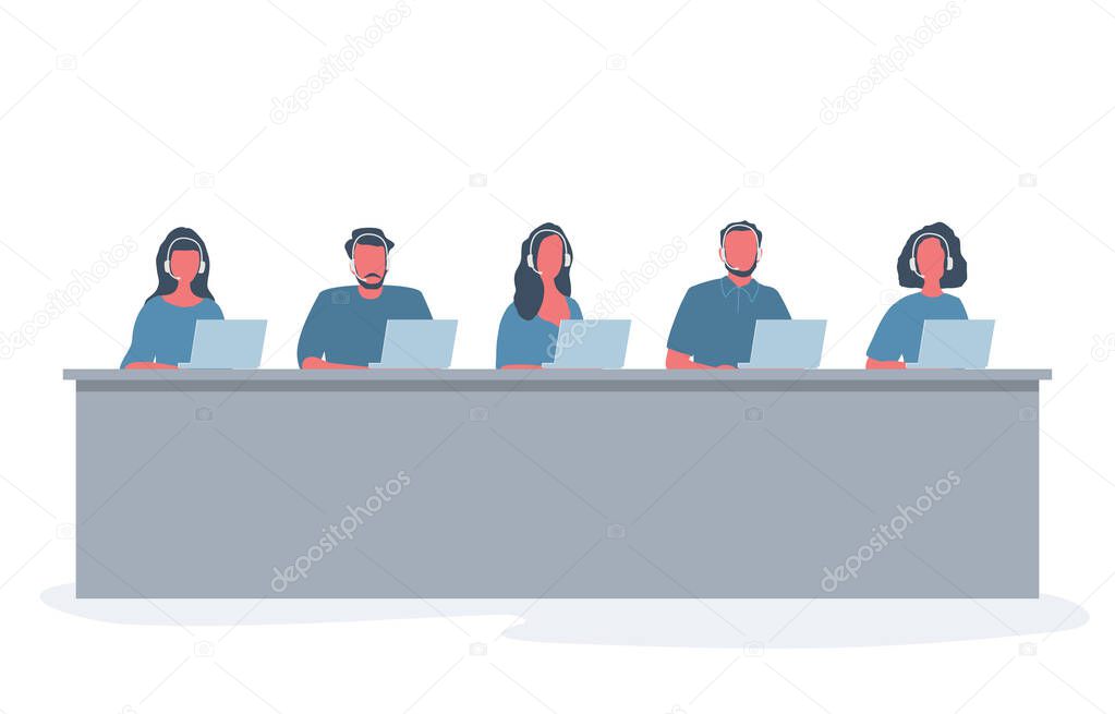 Web banner of call center workers. Young men and women in headphones sitting at the table on a white background. People icons. Funky flat style. Vector illustration