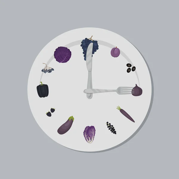 Concepto Comida Saludable Placa Con Una Esfera Reloj Cuchillo Tenedor — Vector de stock