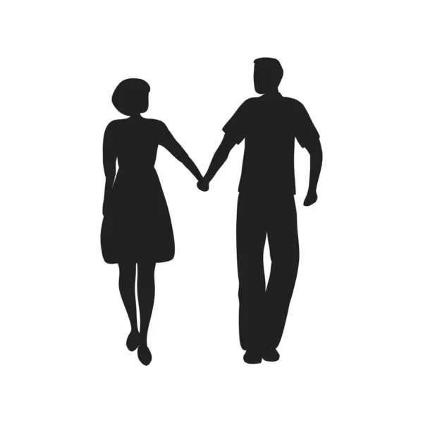 Des Silhouettes Mec Une Fille Jeune Couple Marche Main Dans — Image vectorielle