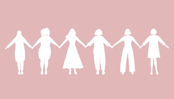 Жінки Тримаються Руки Білі Силуети Жінок Рожевому Тлі Жіноча Громада — стоковий вектор