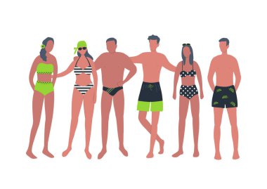 Mayolu ve mayolu genç kadınlar ve genç erkekler birlikte duruyorlar. Plaj takımlı mutlu insanlar ayakta durup sarılıyorlar. Düz funky tasarım vektör illüstrasyonu