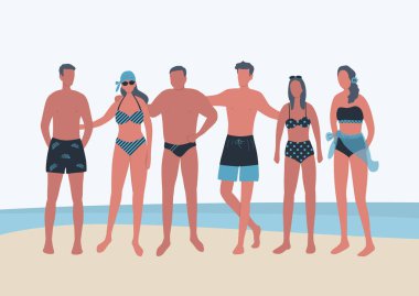 Sahilde takım elbiseli gençler dikiliyor. Mayolu ve mayolu genç kadınlar ve genç erkekler birlikte duruyorlar. Plaj takım elbiseli arkadaşlar ayakta durup sarılıyorlar. Vektör