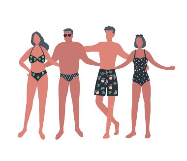 Mayo ve mayo giymiş kadınlar ve erkekler birlikte duruyorlar. Plaj takımlı mutlu insanlar ayakta durup sarılıyorlar. Düz funky tasarım vektör illüstrasyonu