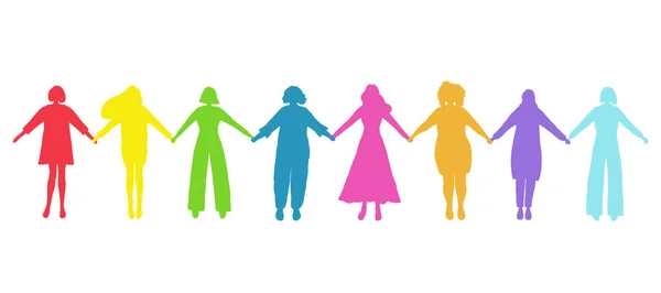 Frauen Halten Händchen Farbige Silhouetten Von Frauen Internationaler Frauentag Frauengemeinschaft — Stockvektor