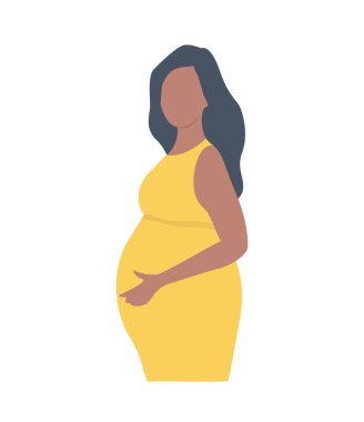 Sarı elbiseli hamile bir kadın, beyaz bir arka planda izole edilmiş. Ellerini karnına koyan bir kadın silueti. Vektör illüstrasyonu
