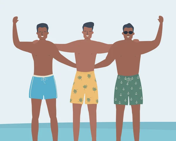 Φίλοι Σορτς Στην Παραλία Στέκονται Στο Φόντο Της Θάλασσας Τρεις — Διανυσματικό Αρχείο