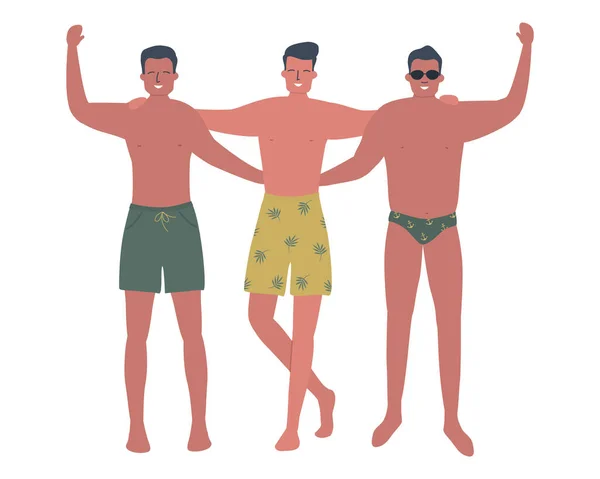 Muži Plavkách Stojí Při Sobě Přátelé Plážových Kraťasech Stojí Objímají — Stockový vektor