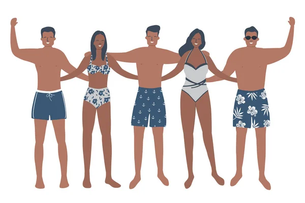 身穿泳衣和泳裤的男男女女站在一起 穿着泳衣的快乐的朋友们站在那里拥抱 矢量说明 — 图库矢量图片