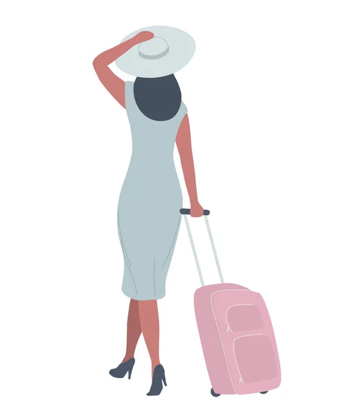 Ταξιδιωτική Ιδέα Μια Γυναίκα Γκρι Φόρεμα Μια Ροζ Βαλίτσα Στο — Διανυσματικό Αρχείο