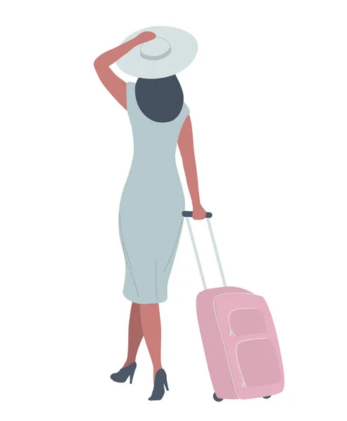 Travel Concept Woman Gray Dress Pink Suitcase Her Hand Back — Stock Vector