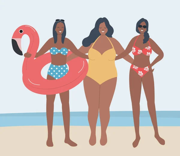 Přítelkyně Plavkách Stojí Pozadí Moře Tři Mladé Ženy Plážových Oblecích — Stockový vektor