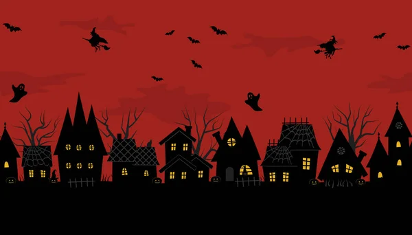 Halloween Town Creepy Houses Seamless Border Black Silhouettes Houses Trees — 图库矢量图片