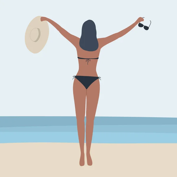 Girl Swimsuit Stand Background Sea Young Woman Holds Hat Sunglasses — 스톡 벡터